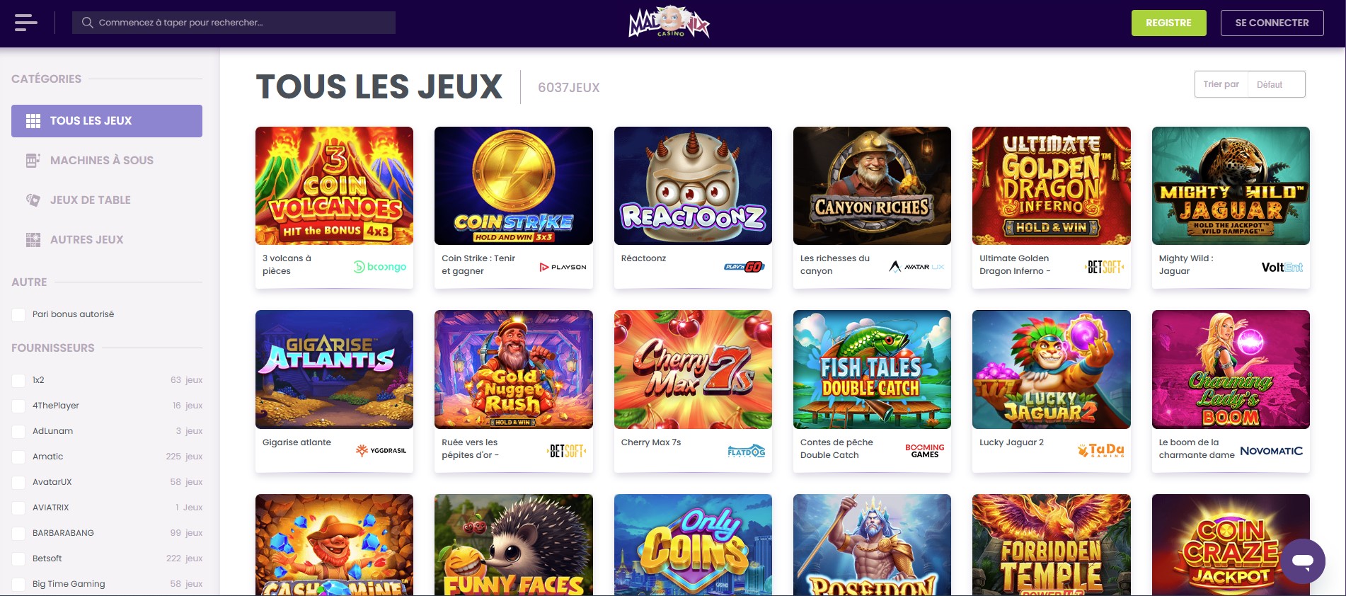 Sélection de jeux sur Madnix casino.
